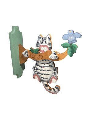 Cat Welcome Sign Wooden Tree Limb Bird Tole Paint Vintage 18" Large White Black